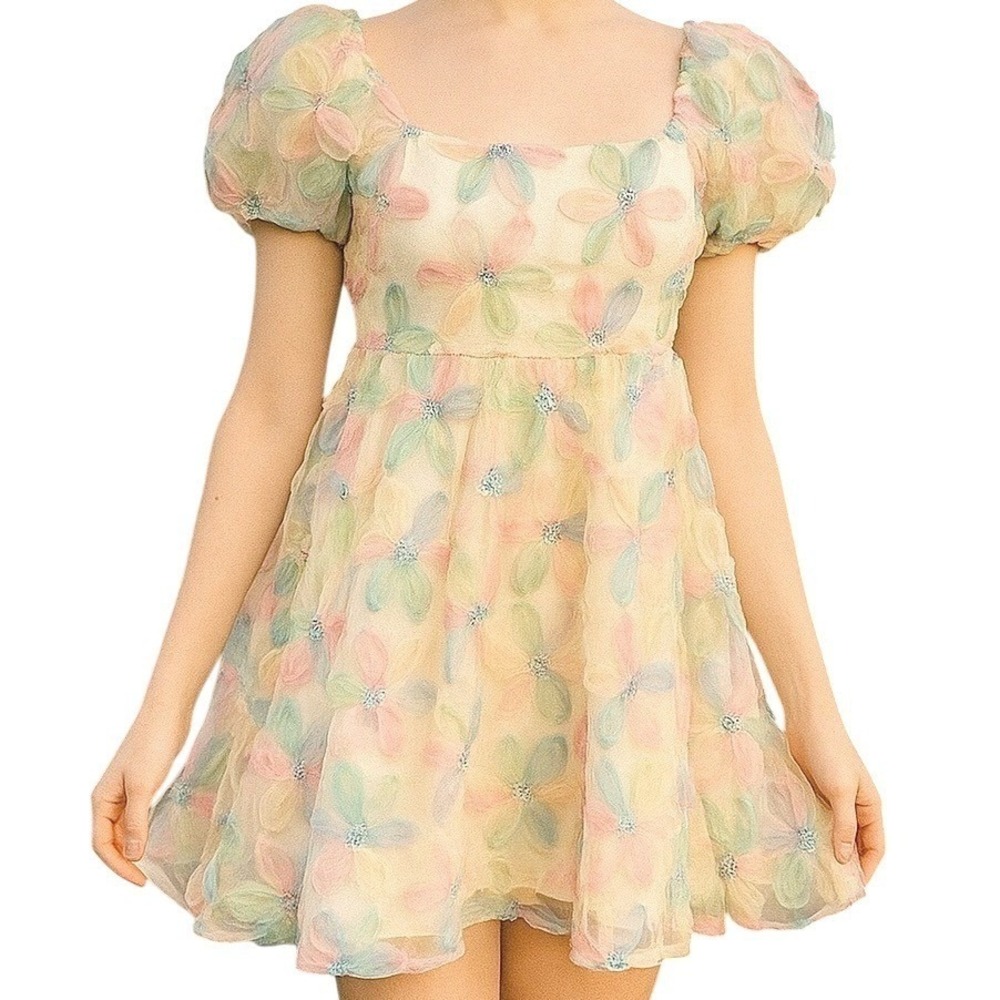 UMGEE Balloon Sleeve Babydoll Pastel Flowers Sheer Lined Mini Dress Sz Large NWT